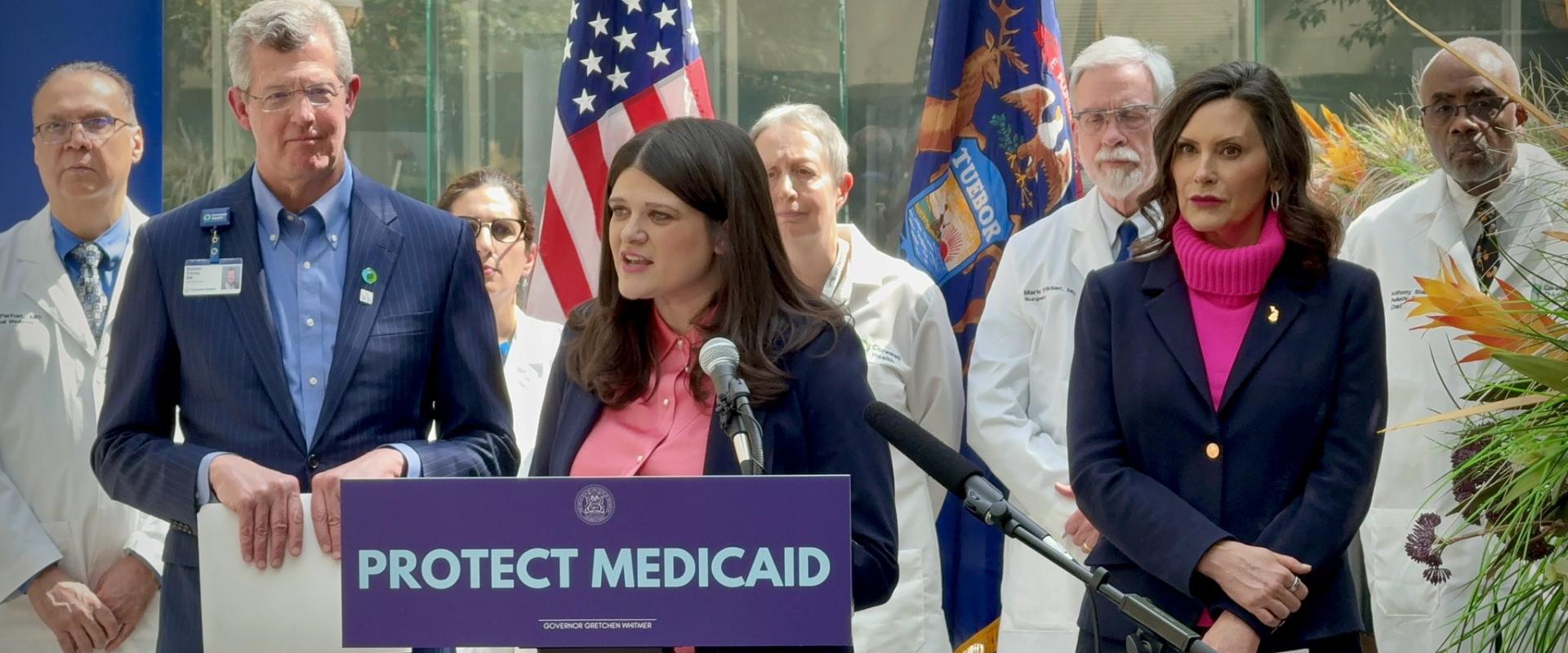 Rep. Haley Stevens speaks at podium