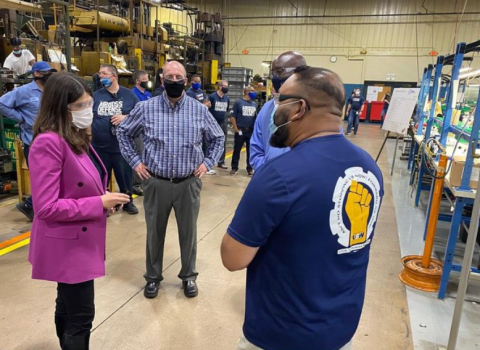Congresswoman Stevens speaking with employees at Airboss America