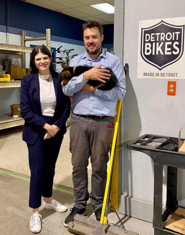 Congresswoman Stevens with worker from Detroit Bikes