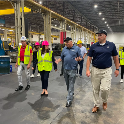 Congresswoman Haley Stevens walks with experts at Eaton Steel in Oak Park 