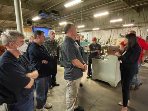 Congresswoman Stevens talking to workers at Equitable Engineering