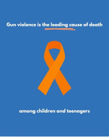 Photo of an orange ribbon on a blue background with the text "Gun violence is the leading cause of death among children and teenagers"