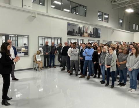 Congresswoman Stevens speaking to Humanetics employees