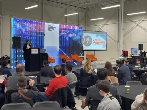 Congresswoman Haley Stevens speaks to guests at MMTC's Innovation Expo at Oakland University's Research Innovation Center