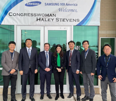 Congresswoman Stevens with people from the Samsung SDI America plant